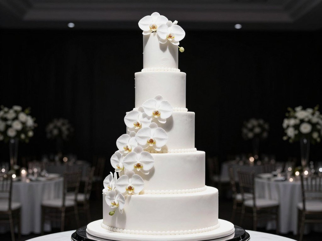 Black tie wedding cake with real white orchids