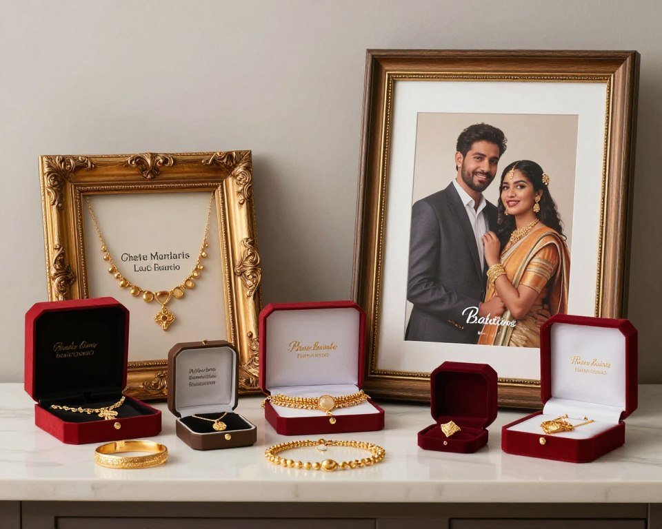 Blend of traditional and modern gold anniversary gifts displayed together