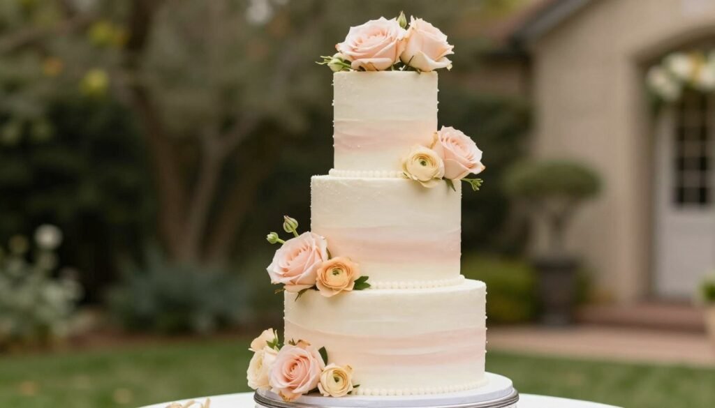 Blush and champagne wedding cake with real flowers