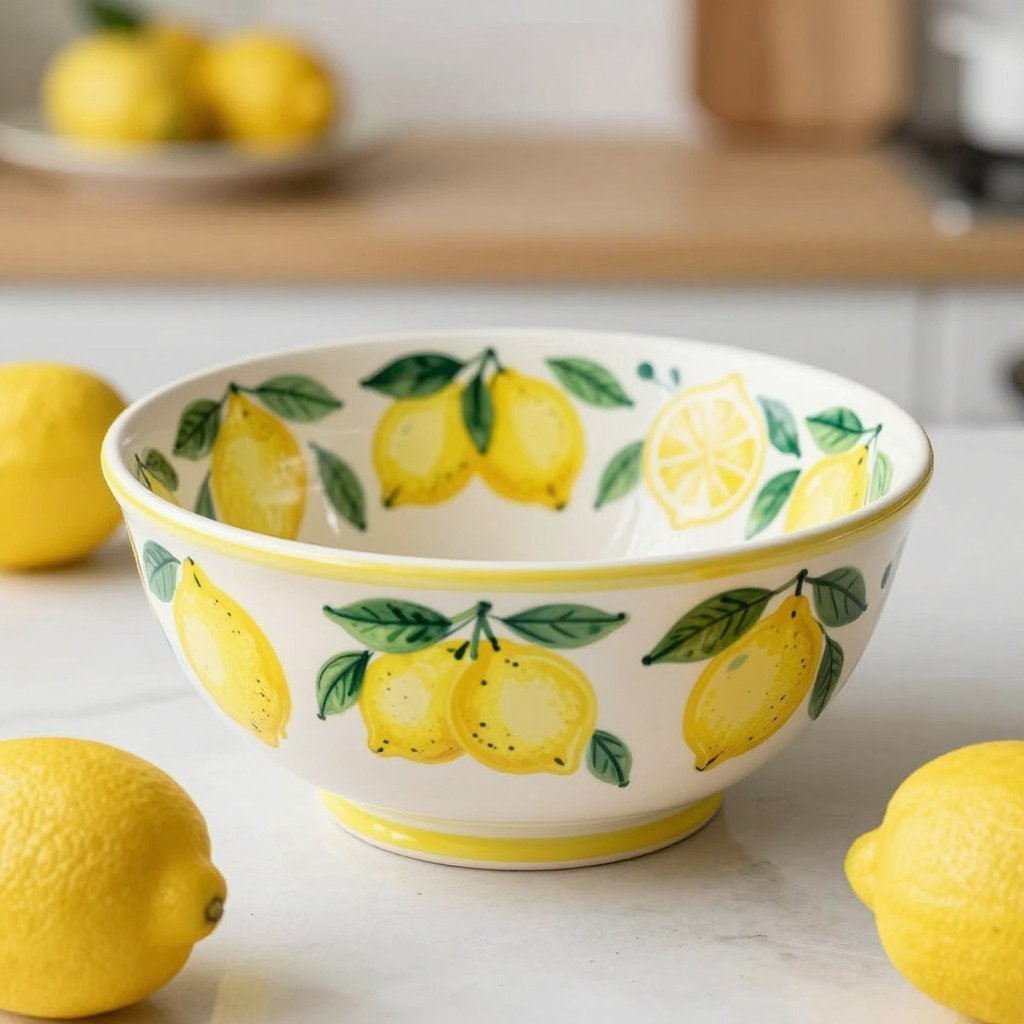 Ceramic serving bowl with lemon design pattern