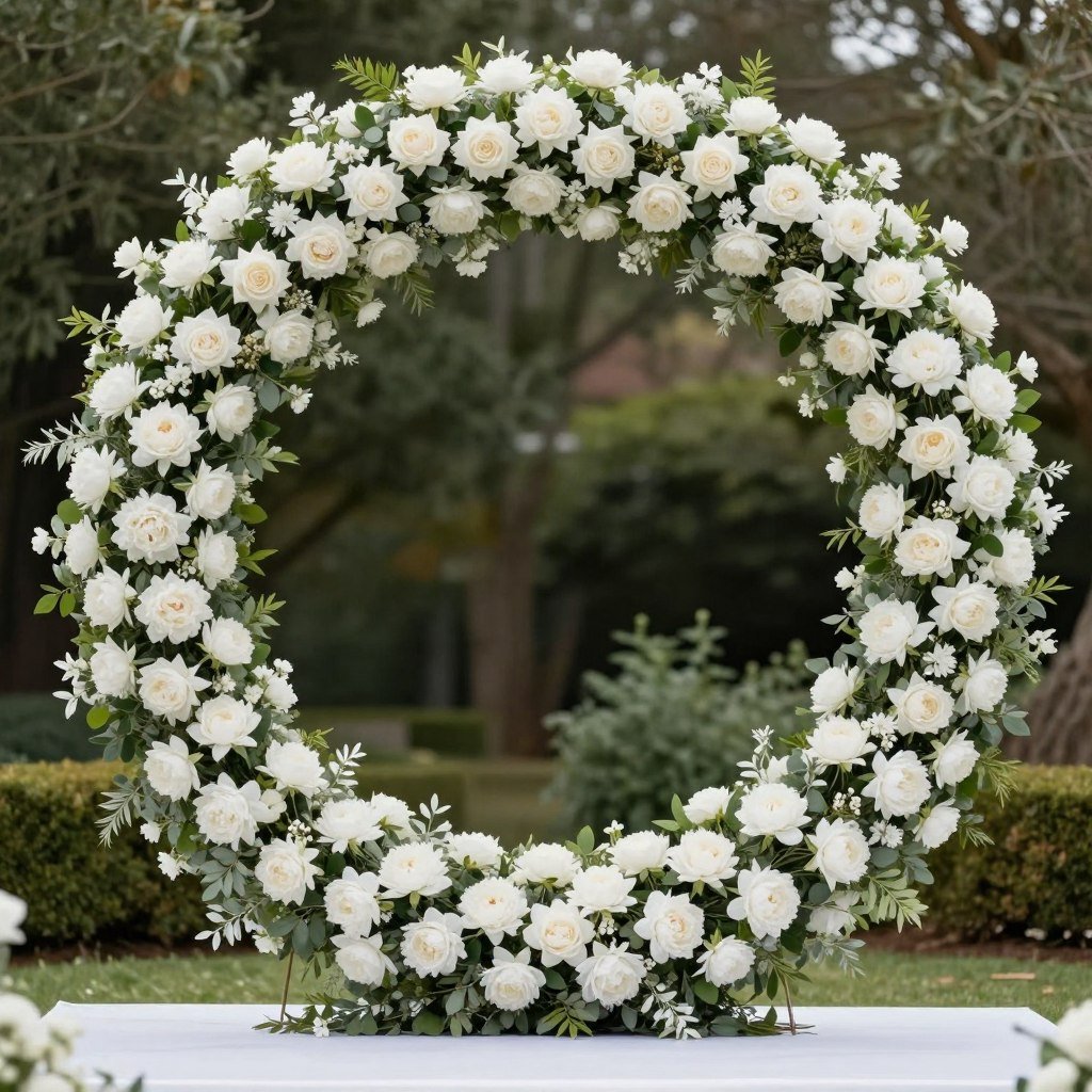 Circular wreath-style floral ceremony backdrop with luxury blooms