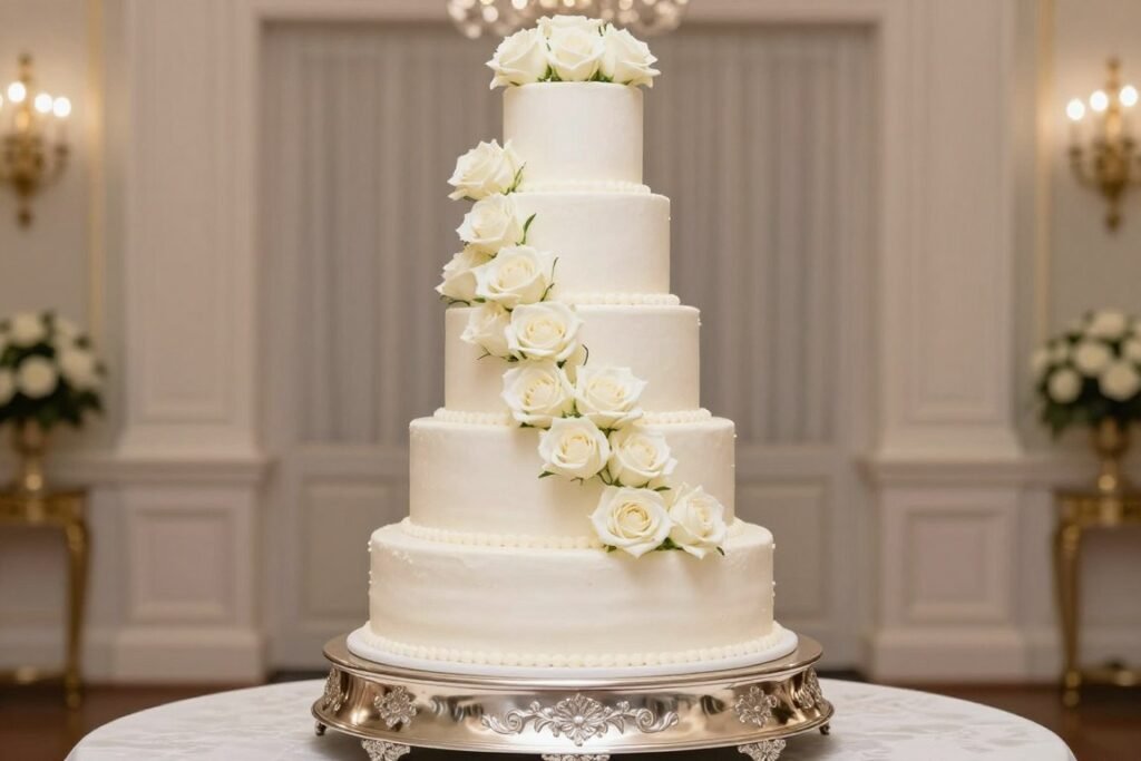 Classic white wedding cake with cascading real roses