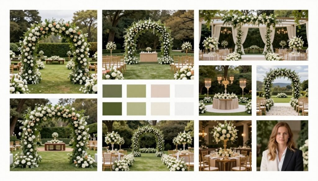 Collection of luxury garden wedding decor elements and styling ideas