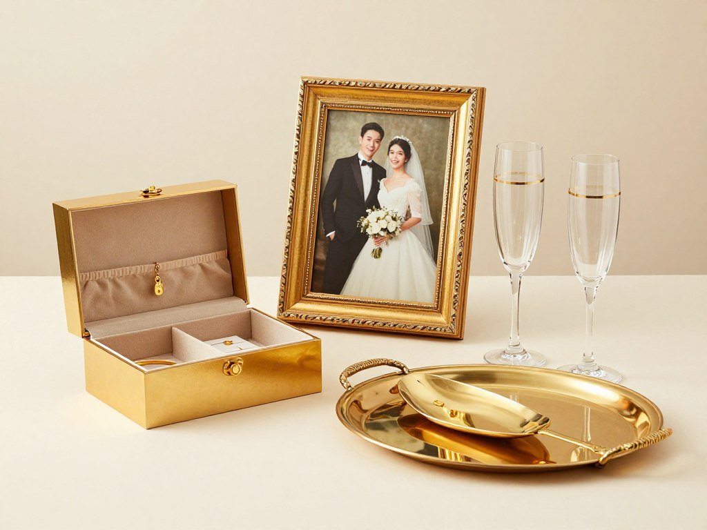 Collection of traditional gold anniversary gifts including jewelry and frames