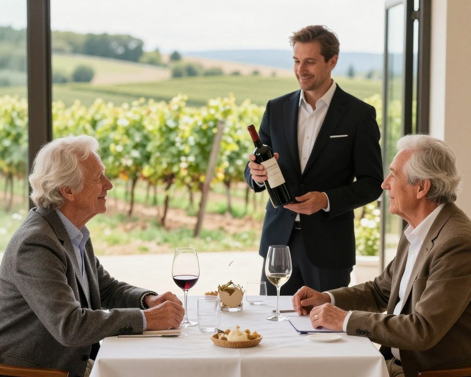 Couple enjoying wine tasting at elegant vineyard
