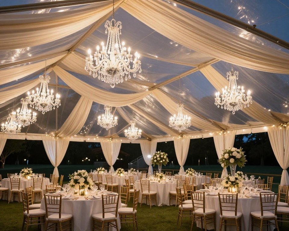 Crystal chandeliers hanging in elegant outdoor wedding tent