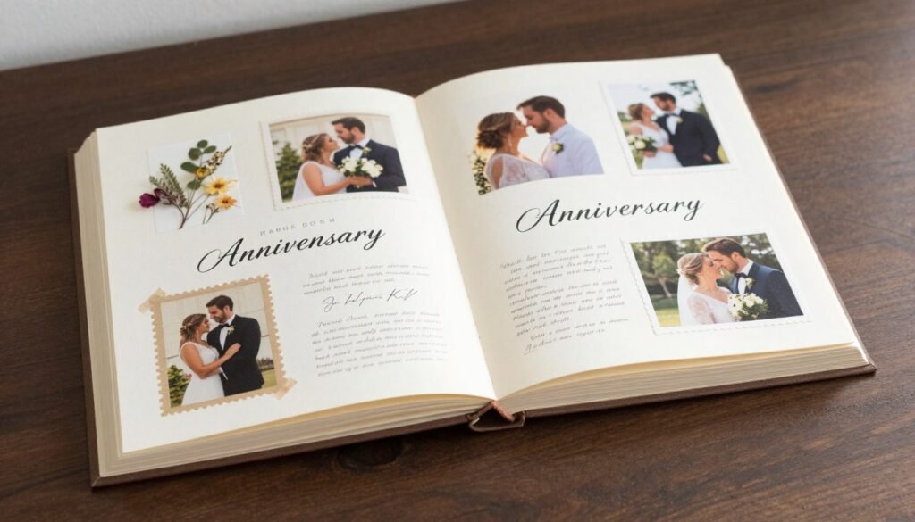 Custom love story book open to pages showing couple's journey through decades