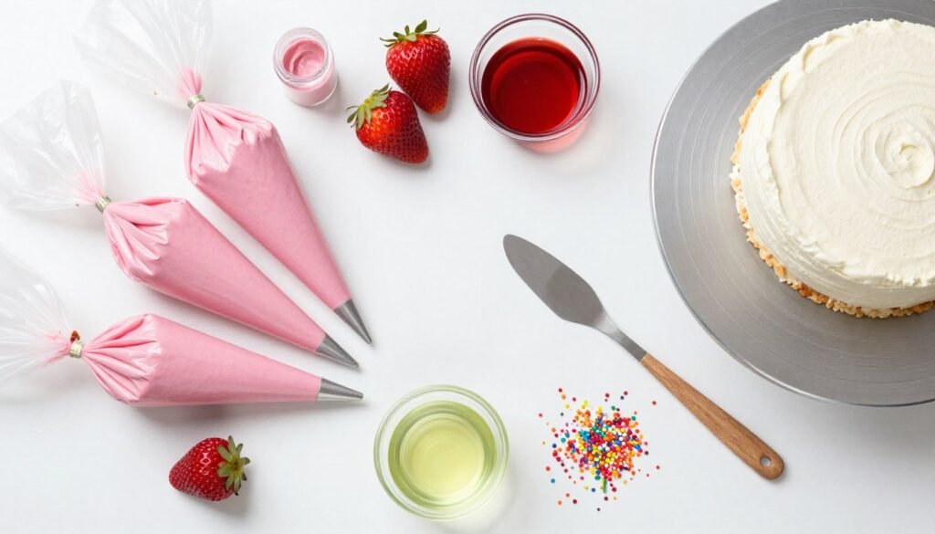 DIY cake decorating process with tools and strawberries