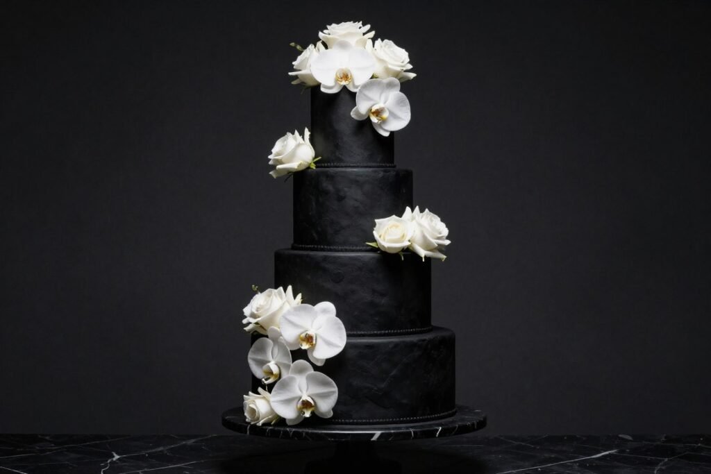 Dramatic black wedding cake with white real flowers