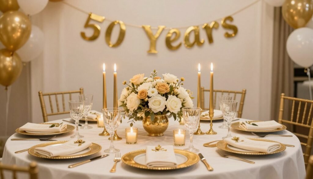 Elegant anniversary party table with gold-themed centerpieces and decorations