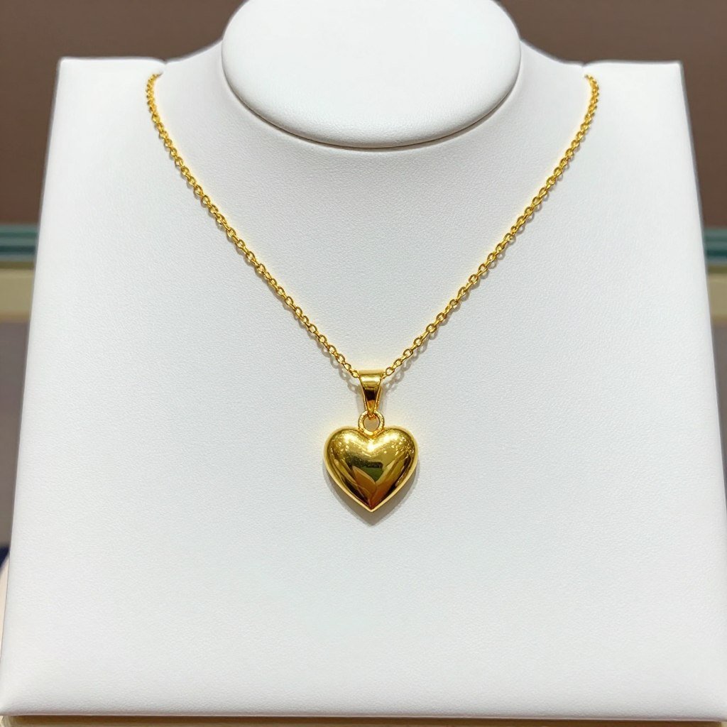 Elegant gold necklace with heart pendant on jewelry display