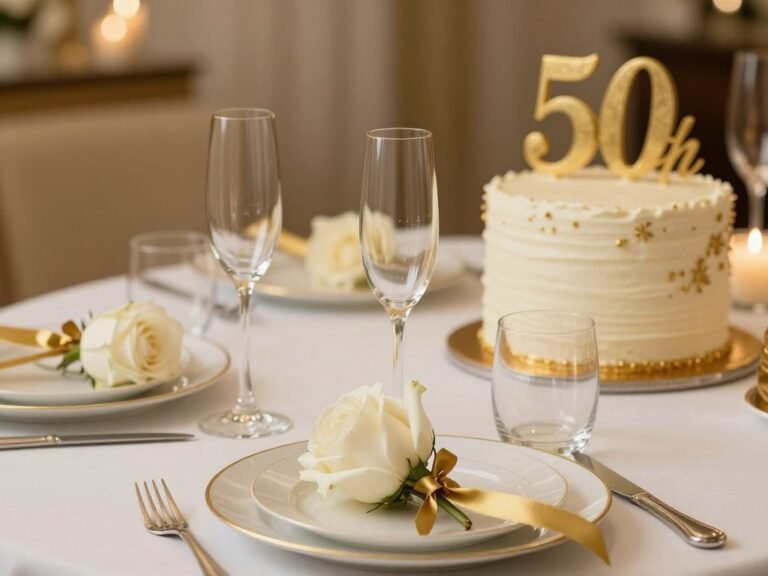Elegant golden anniversary celebration with gold-themed decorations and champagne flutes