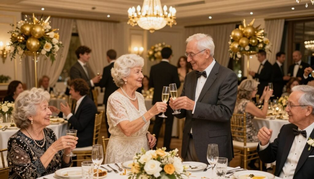 Elegant golden anniversary party with guests celebrating