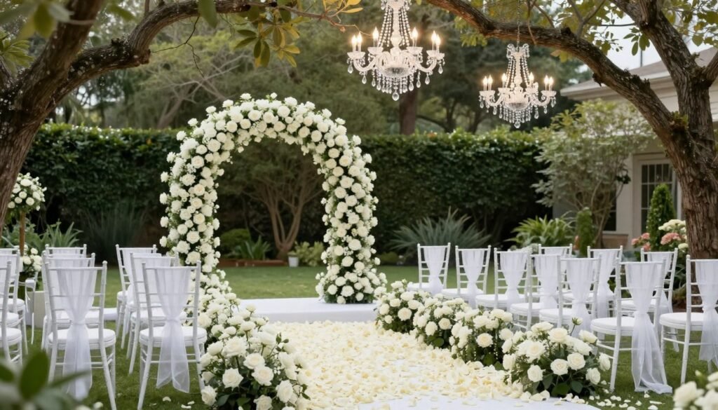 Elegant luxury garden wedding ceremony with white roses and crystal chandeliers