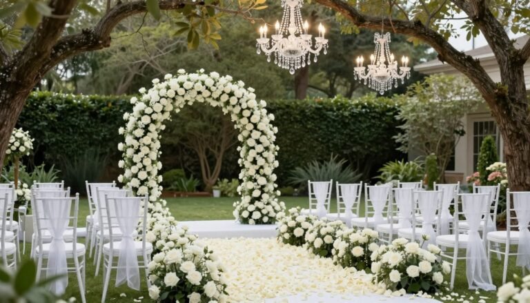 Elegant luxury garden wedding ceremony with white roses and crystal chandeliers