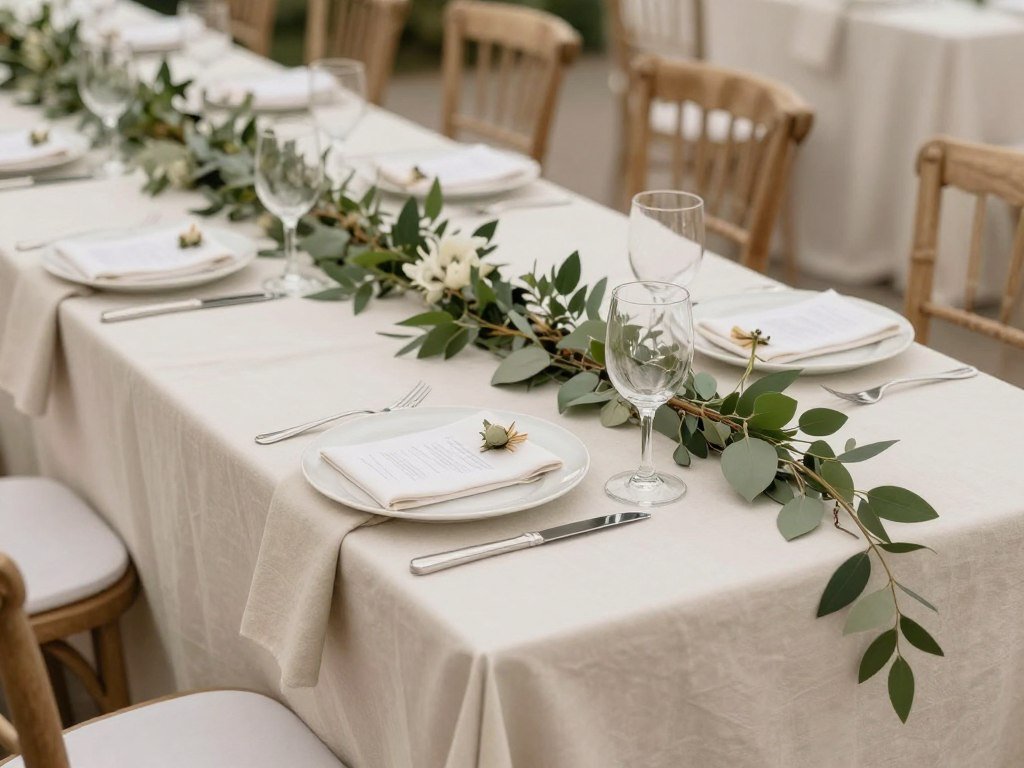 Elegant neutral wedding table setting with greenery accents