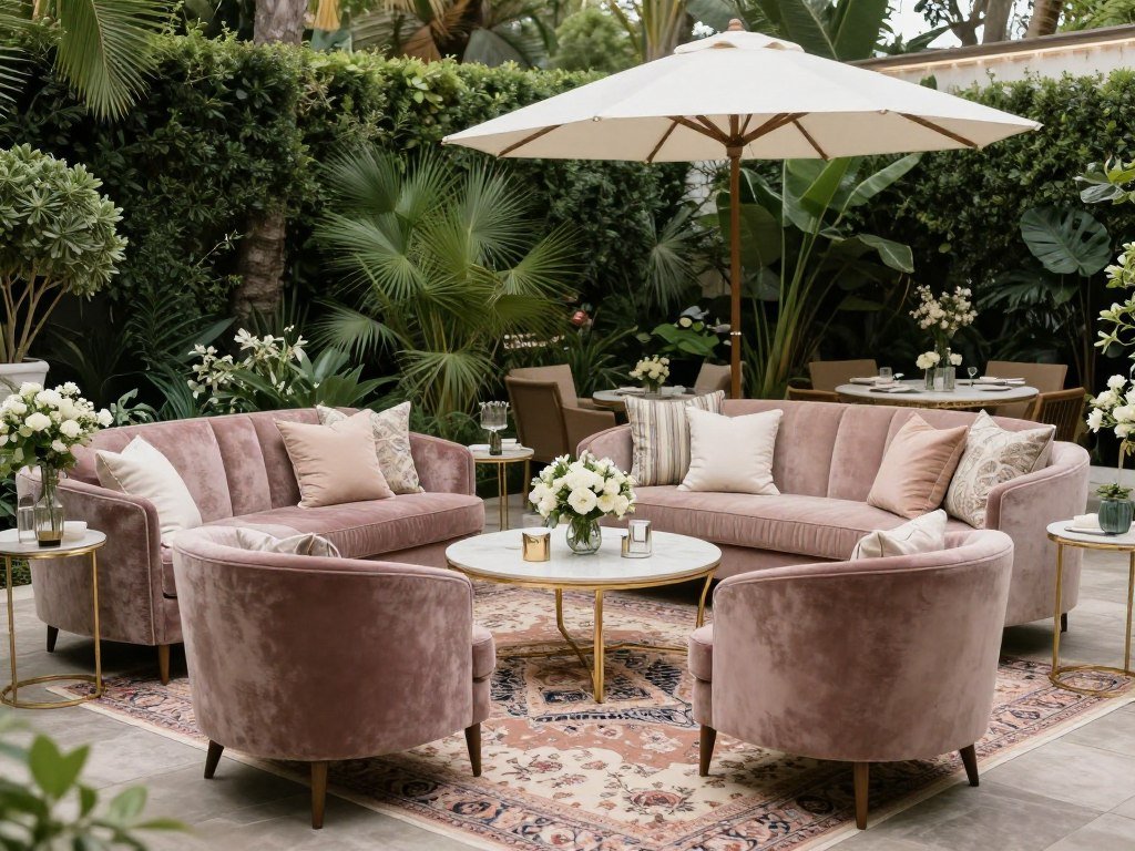 Elegant outdoor lounge area for garden wedding