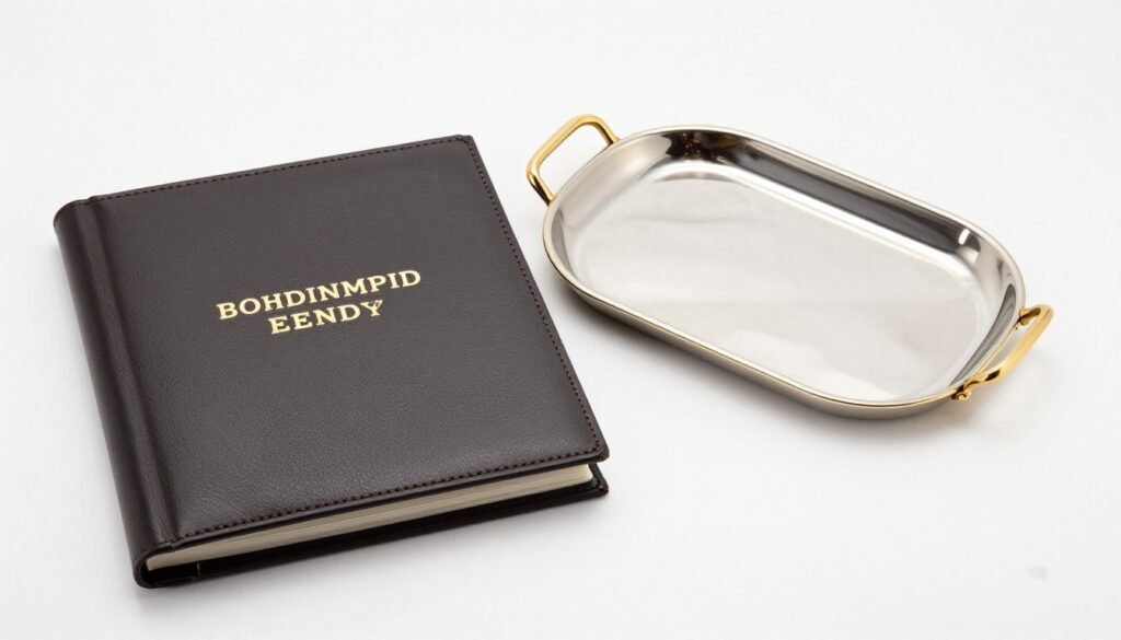 Elegant personalized photo album with gold embossing alongside luxury gold-trimmed serving tray