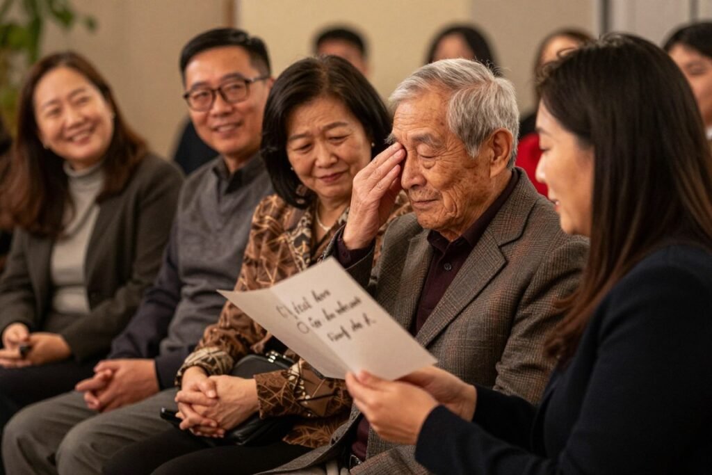 Family members reading heartfelt messages at anniversary celebration