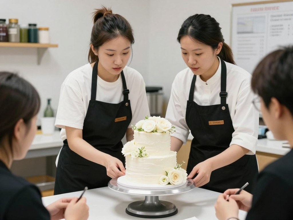 Florist and baker coordinating flower placement on wedding cake