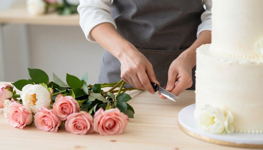 Food-safe real flowers being prepared for wedding cake decoration