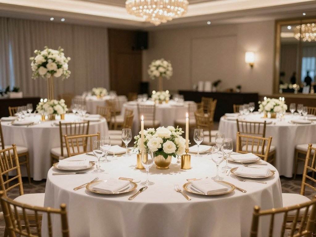 Formal anniversary party with elegant table settings and gold decorations