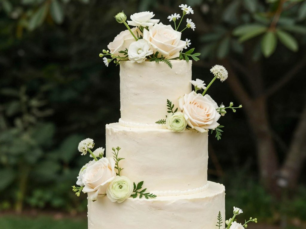 Garden-inspired wedding cake with loose real wildflowers