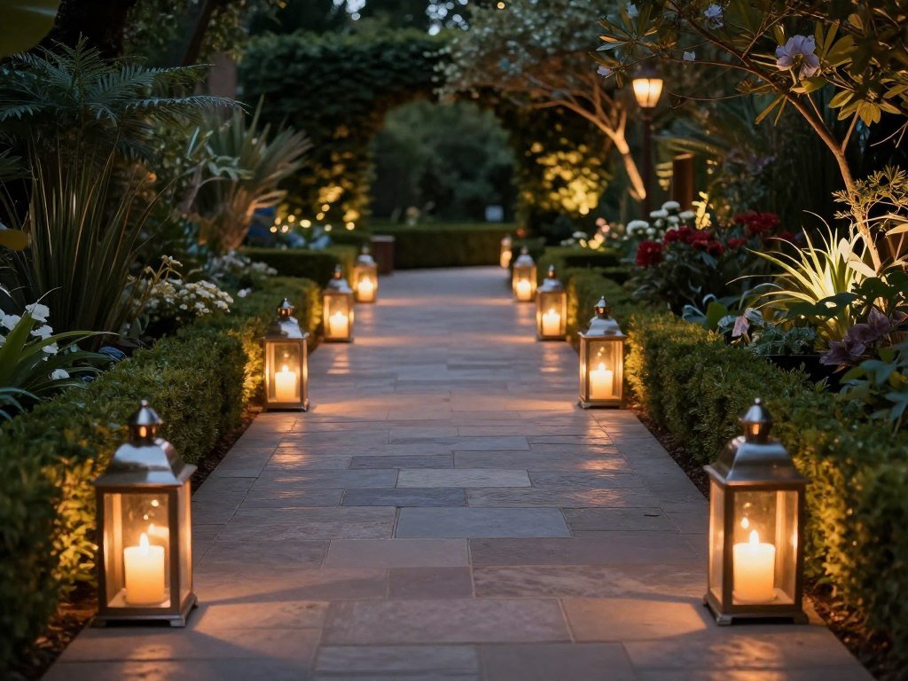 Garden pathway lit with elegant lanterns for wedding