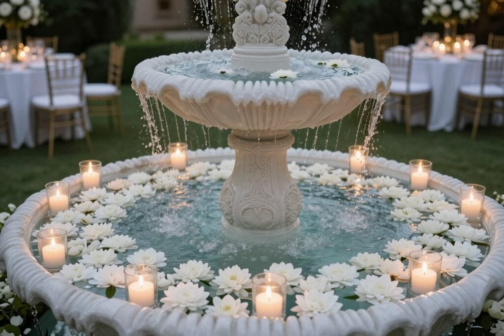 Garden water feature decorated with floating flowers and candles