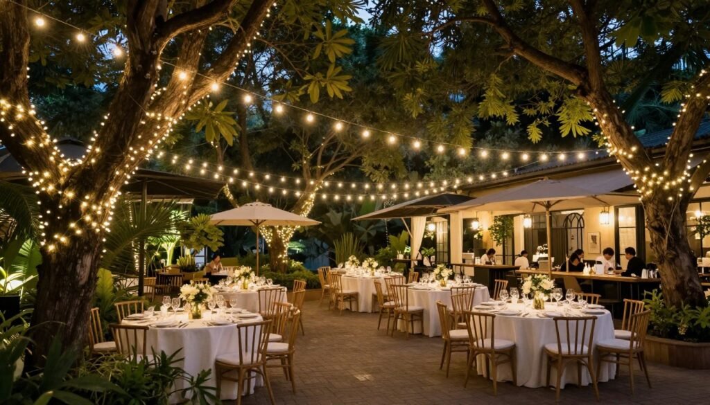 Garden wedding with string lights draped between trees