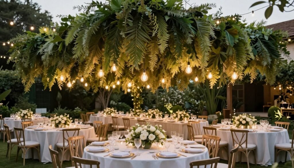 Garden wedding with suspended greenery installation above dining tables