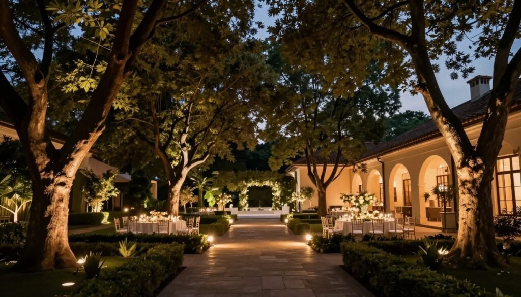 Garden wedding with uplighting on trees and architectural features