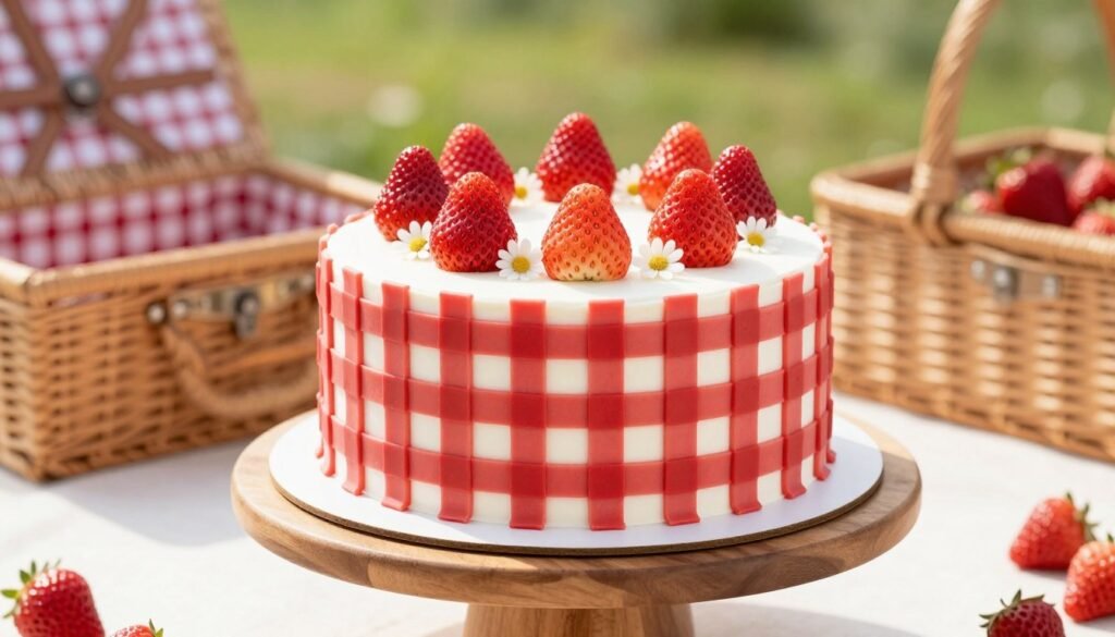 Gingham patterned cake with strawberry decorations