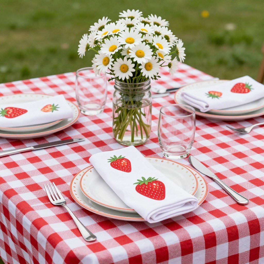 Gingham tablecloth with daisy centerpiece