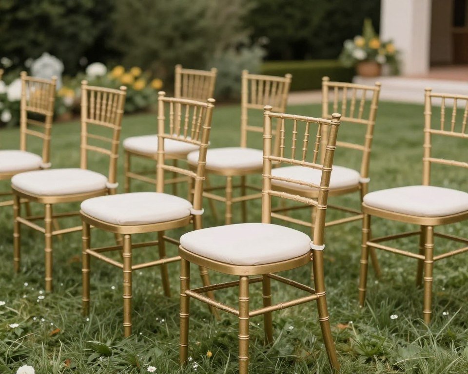 Gold chiavari chairs at elegant garden wedding