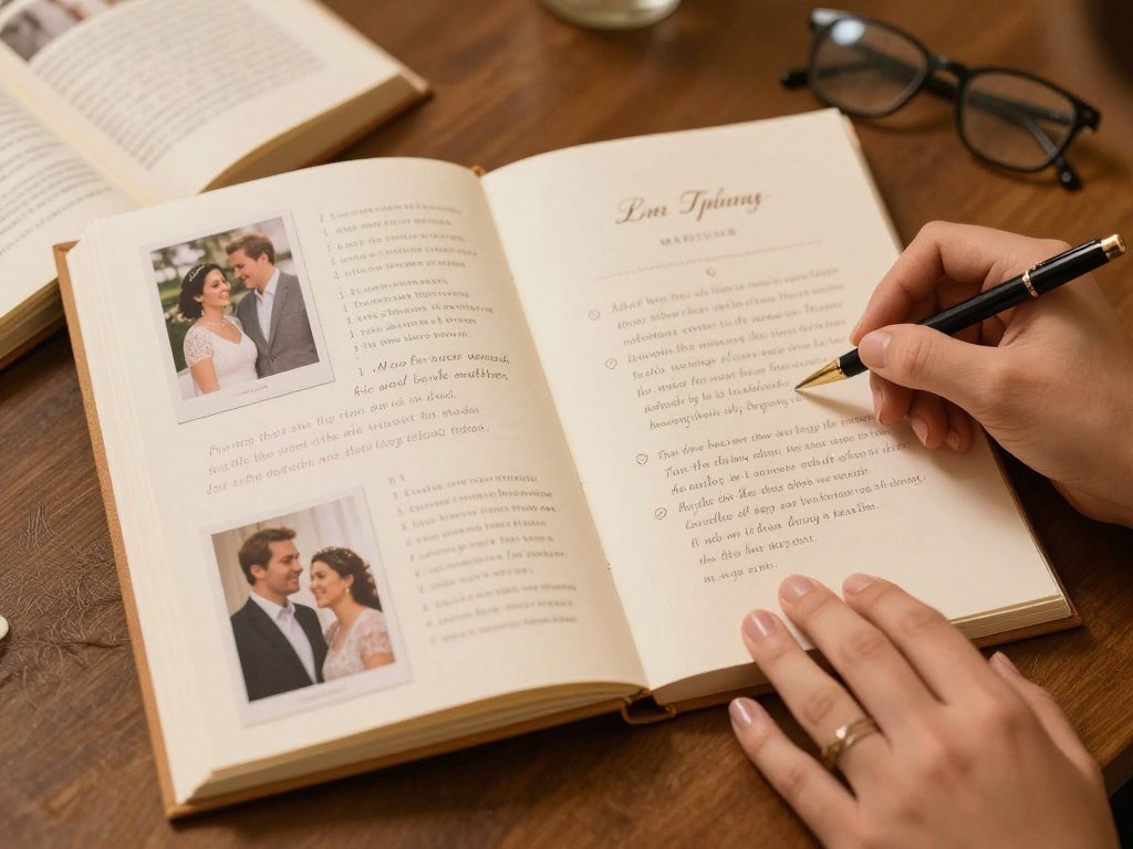 Guided memory book open to pages with photos and handwritten stories