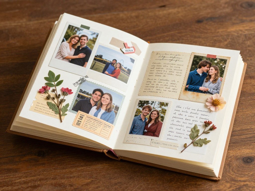 Handmade anniversary scrapbook with photos and mementos