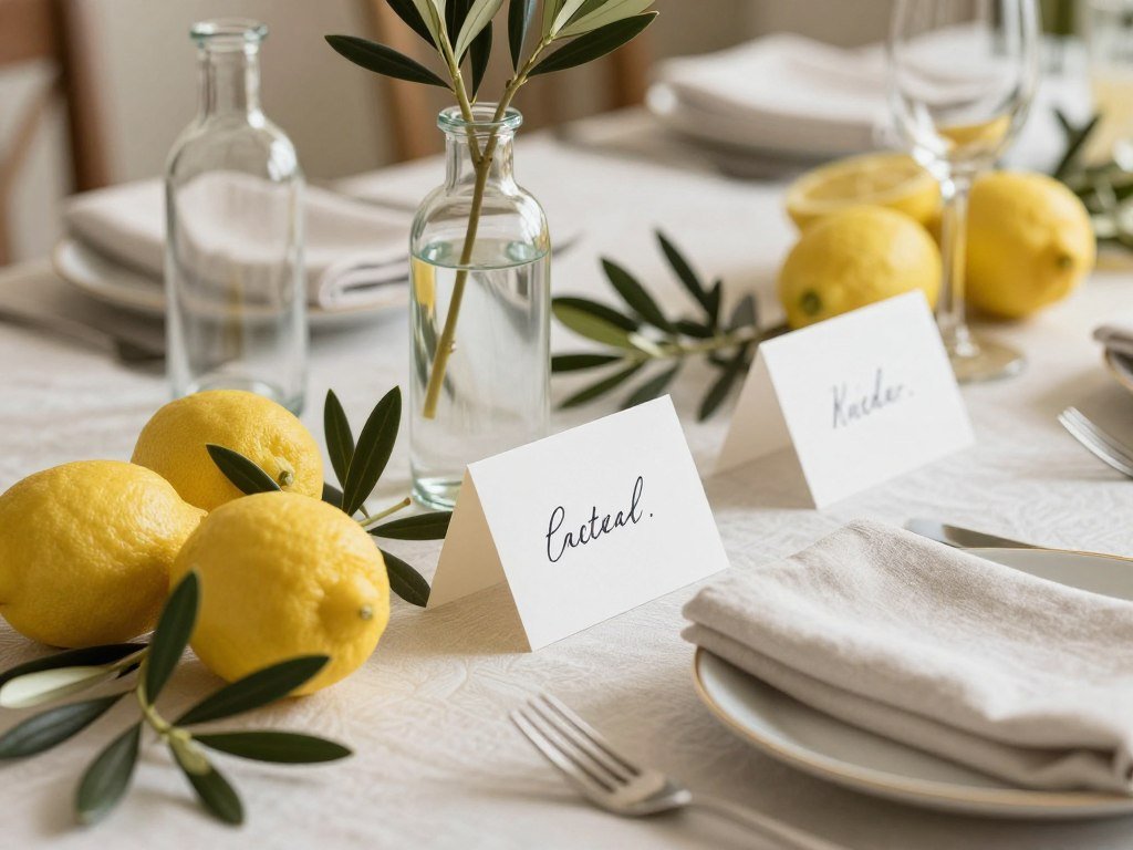 Italian dinner party decorative details with lemons and olive branches