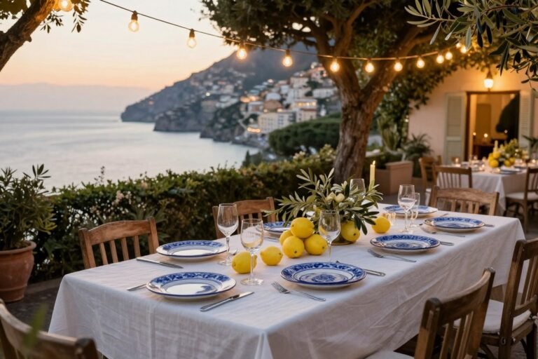 Italian garden dinner party setup with blue and white table settings under string lights