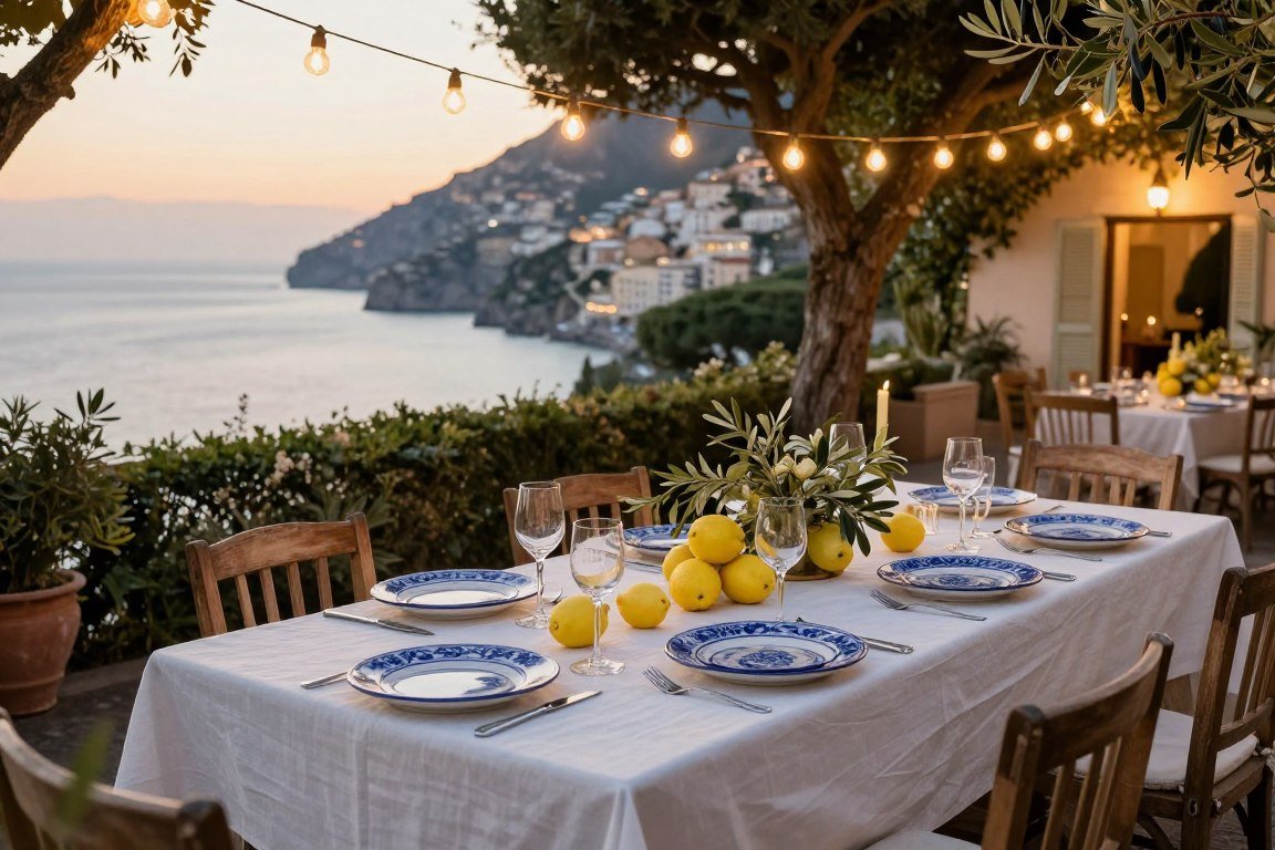 Italian garden dinner party setup with blue and white table settings under string lights