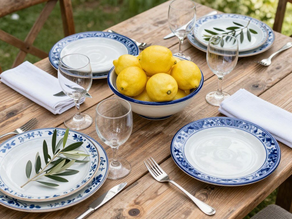 Italian garden dinner party tablescape with blue ceramic plates and lemon centerpieces