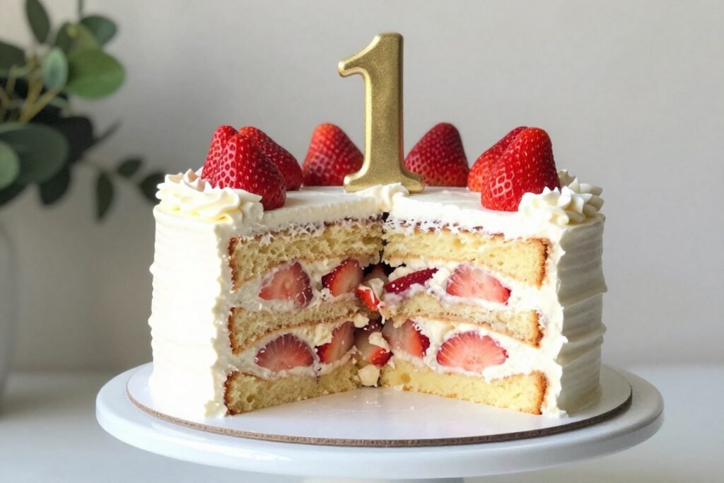 Layered strawberry shortcake style first birthday cake