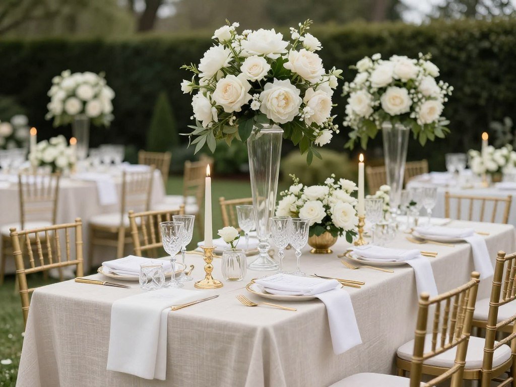 Luxury garden wedding reception with elegant table settings and crystal glassware