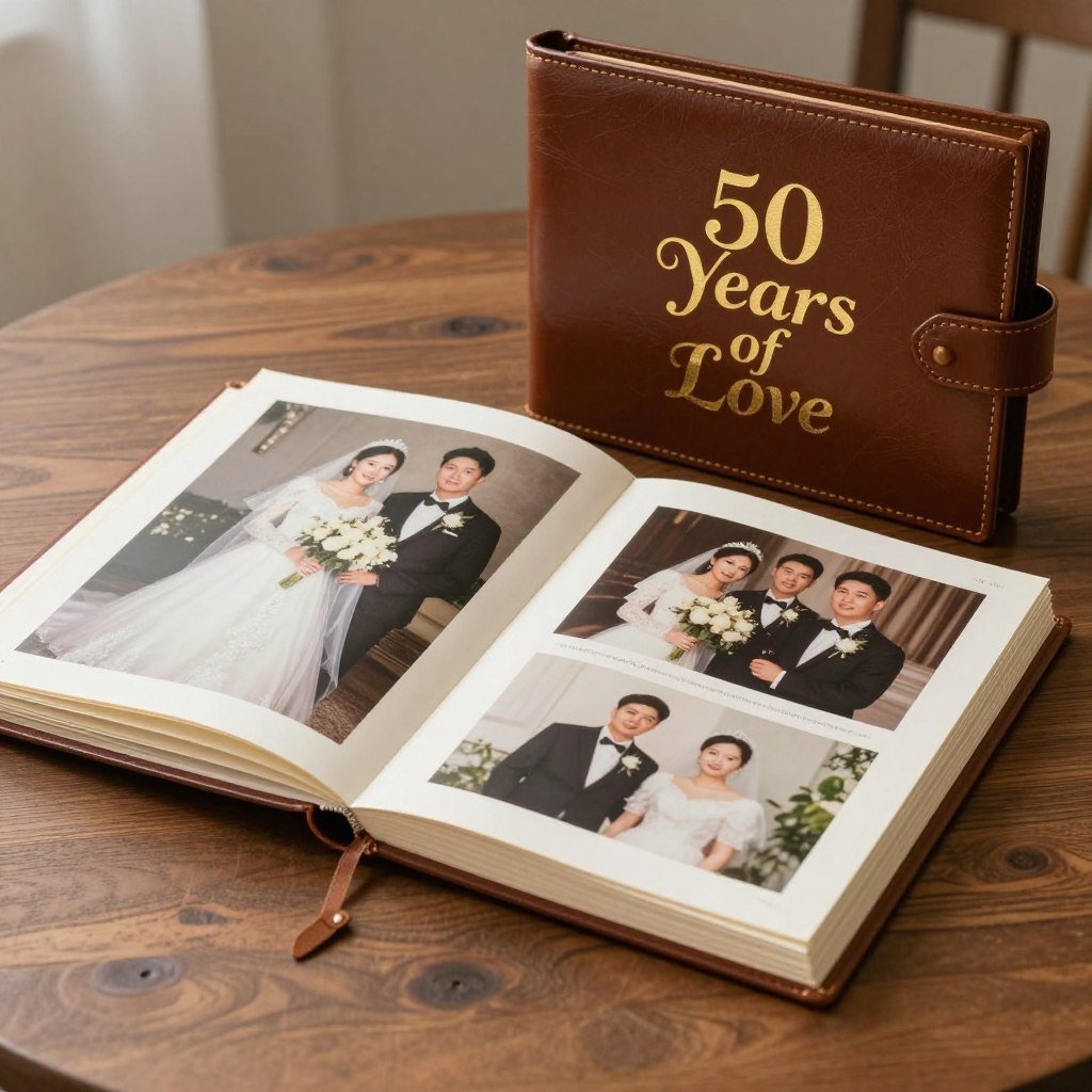Luxury leather-bound custom photo album with gold embossing and wedding photos