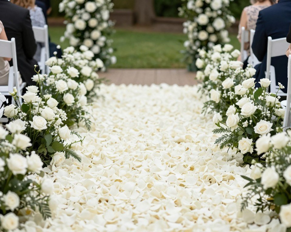 Luxury wedding aisle covered with fresh white rose petals