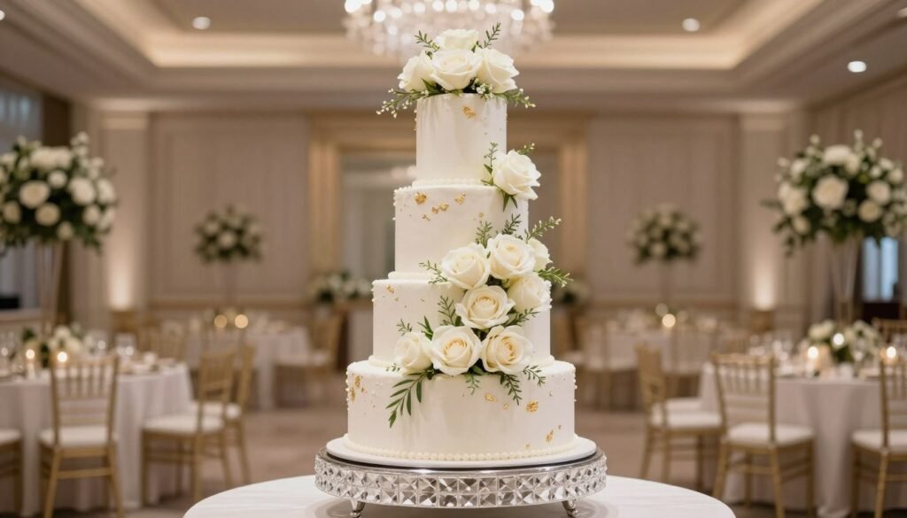 Luxury wedding cake ideas with real flowers featuring cascading white roses and gold accents