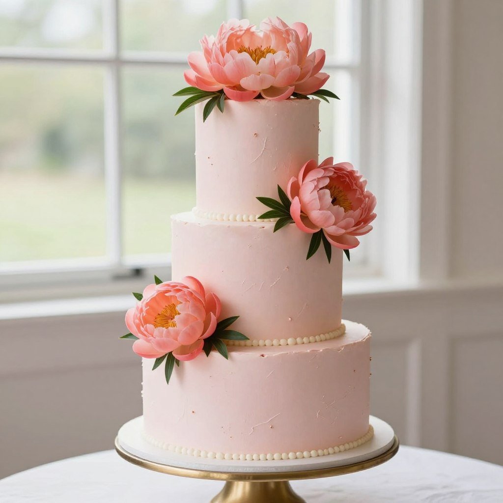 Luxury wedding cake with real blush pink peonies