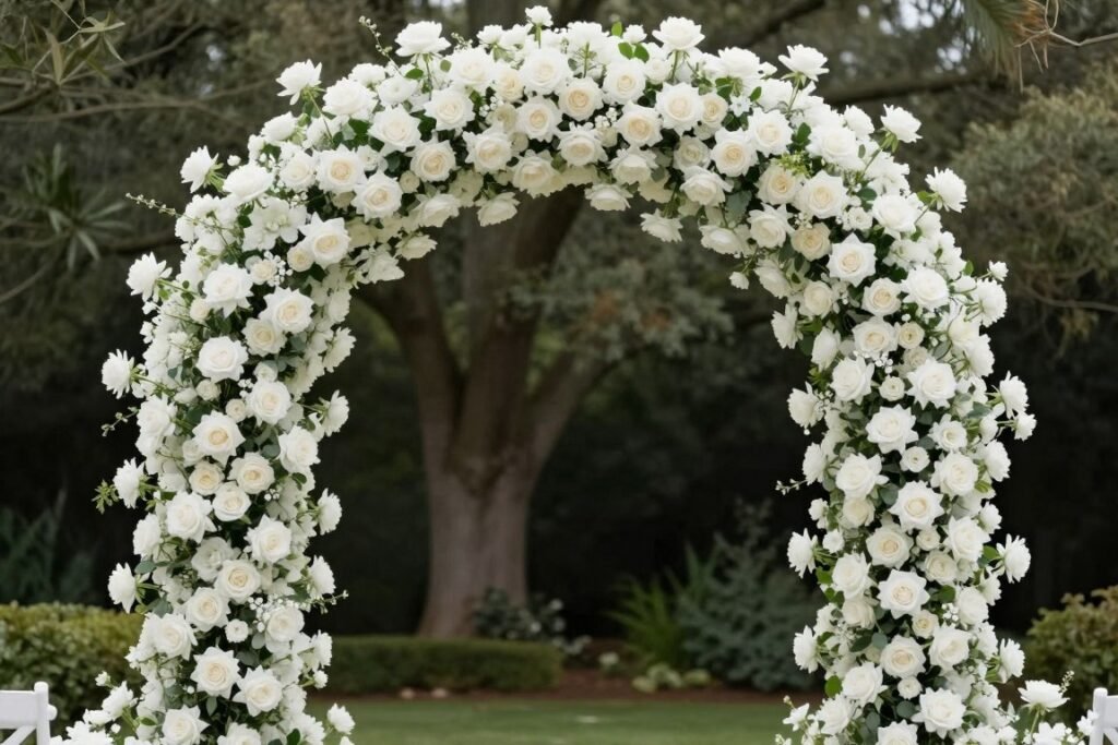 Luxury wedding ceremony arch covered in cascading white roses and greenery