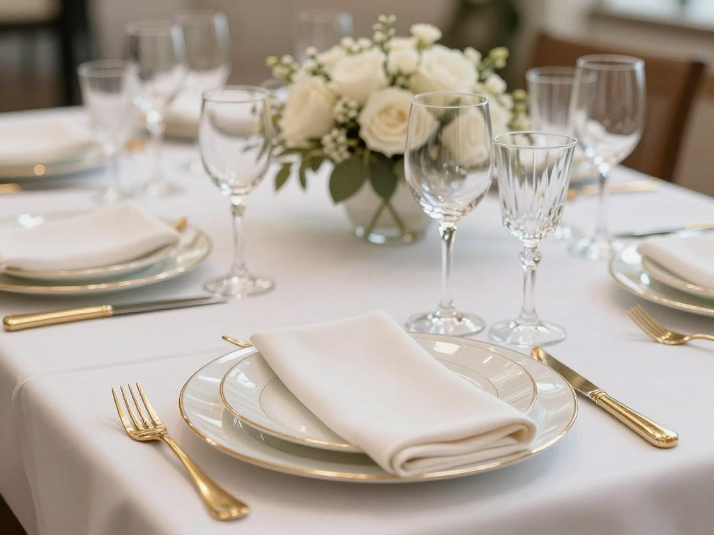 Luxury wedding place setting with gold flatware and crystal glassware