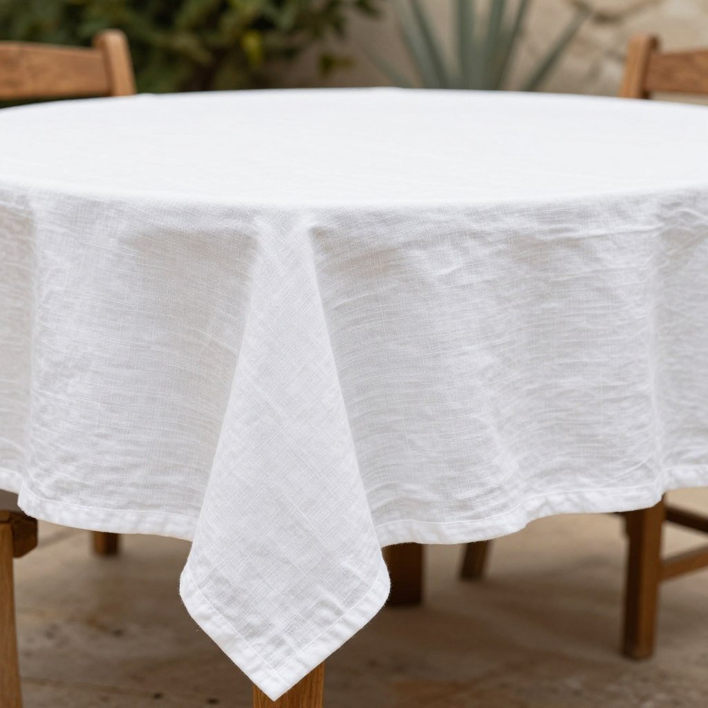 Luxury white linen tablecloth draped on outdoor table